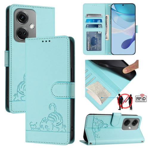OnePlus Nord CE3 5G India Cat Rat Embossed Pattern RFID Leather Phone Case with Lanyard - Mint Green