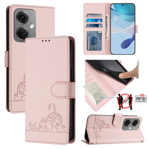 OnePlus Nord CE3 5G India Cat Rat Embossed Pattern RFID Leather Phone Case with Lanyard - Pink