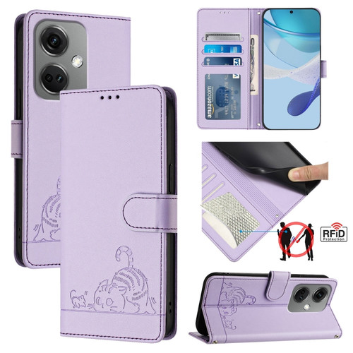 OnePlus Nord CE3 5G India Cat Rat Embossed Pattern RFID Leather Phone Case with Lanyard - Purple