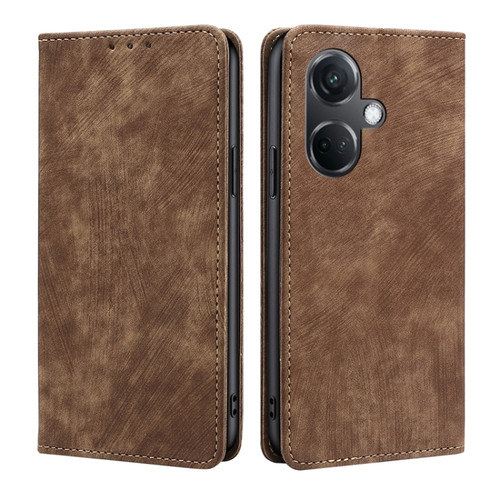OnePlus Nord CE3 5G RFID Anti-theft Brush Magnetic Leather Phone Case - Brown