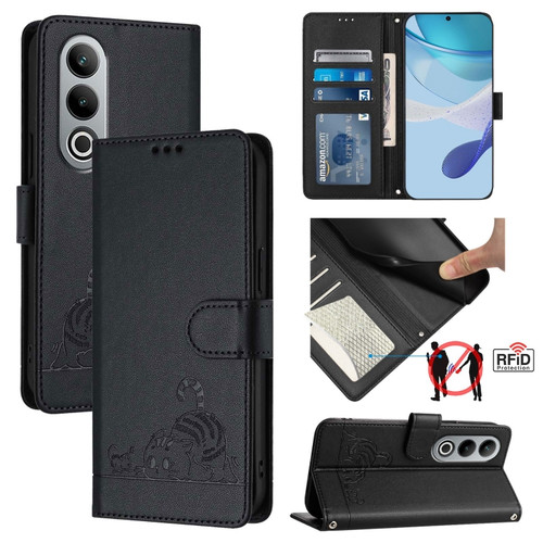 OnePlus Nord CE4 5G Cat Rat Embossed Pattern RFID Leather Phone Case with Lanyard - Black