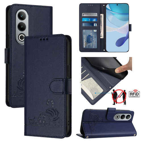 OnePlus Nord CE4 5G Cat Rat Embossed Pattern RFID Leather Phone Case with Lanyard - Blue