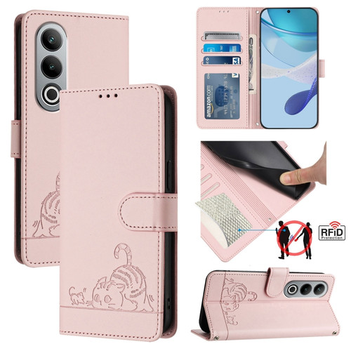 OnePlus Nord CE4 5G Cat Rat Embossed Pattern RFID Leather Phone Case with Lanyard - Pink