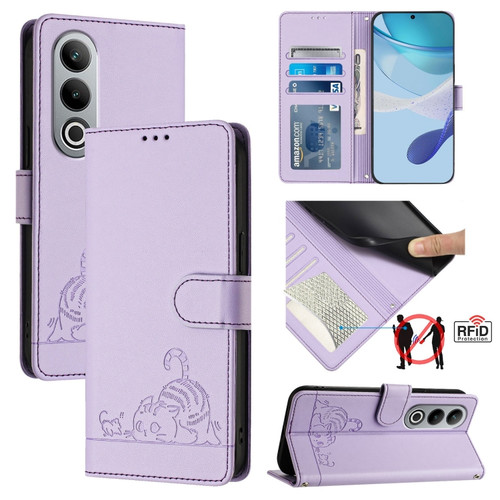 OnePlus Nord CE4 5G Cat Rat Embossed Pattern RFID Leather Phone Case with Lanyard - Purple