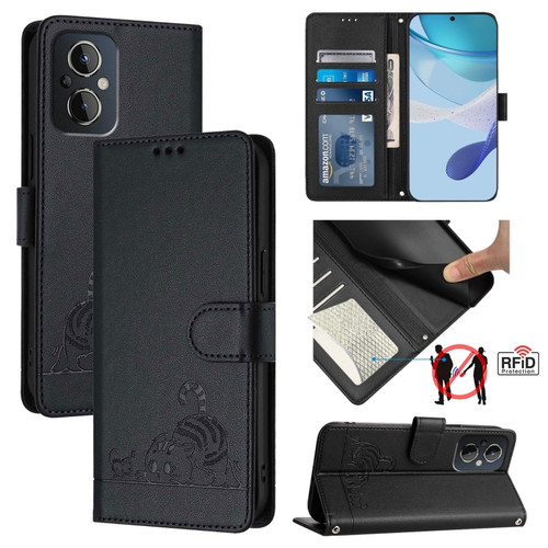 OnePlus Nord N20 5G Cat Rat Embossed Pattern RFID Leather Phone Case with Lanyard - Black