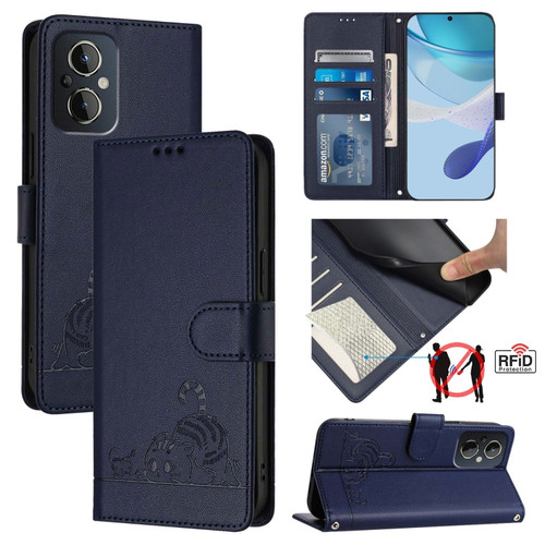 OnePlus Nord N20 5G Cat Rat Embossed Pattern RFID Leather Phone Case with Lanyard - Blue