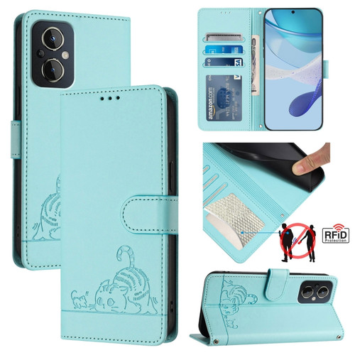 OnePlus Nord N20 5G Cat Rat Embossed Pattern RFID Leather Phone Case with Lanyard - Mint Green
