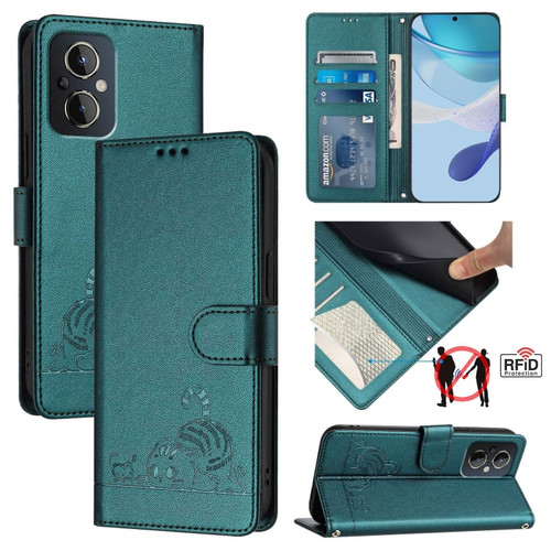 OnePlus Nord N20 5G Cat Rat Embossed Pattern RFID Leather Phone Case with Lanyard - Peacock Green