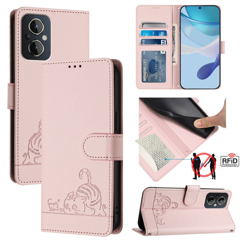 OnePlus Nord N20 5G Cat Rat Embossed Pattern RFID Leather Phone Case with Lanyard - Pink
