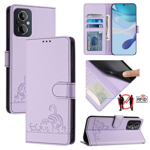 OnePlus Nord N20 5G Cat Rat Embossed Pattern RFID Leather Phone Case with Lanyard - Purple