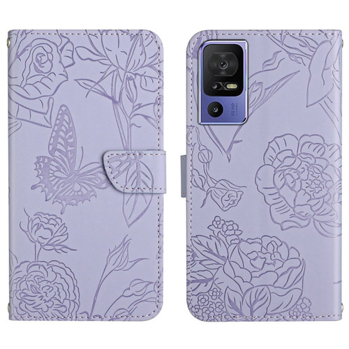 TCL 40 SE HT03 Skin Feel Butterfly Embossed Flip Leather Phone Case - Purple