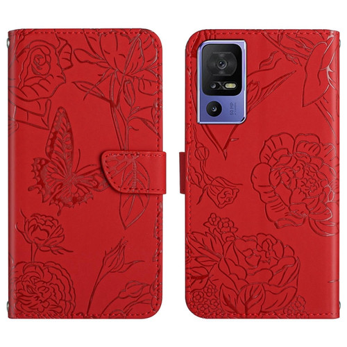 TCL 40 SE HT03 Skin Feel Butterfly Embossed Flip Leather Phone Case - Red