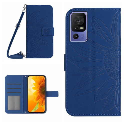 TCL 40 SE HT04 Skin Feel Sun Flower Embossed Flip Leather Phone Case with Lanyard - Dark Blue