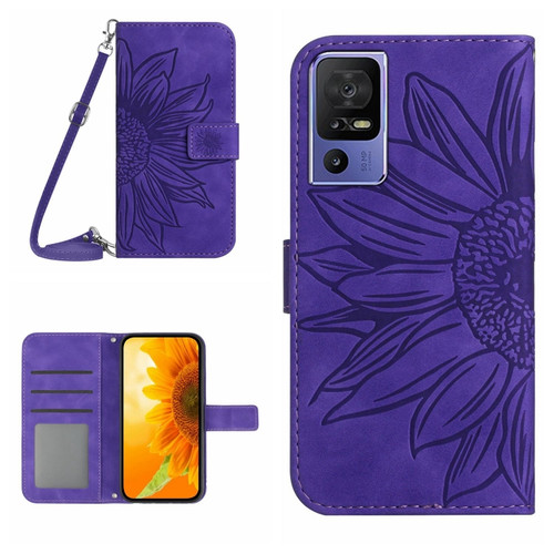 TCL 40 SE HT04 Skin Feel Sun Flower Embossed Flip Leather Phone Case with Lanyard - Dark Purple