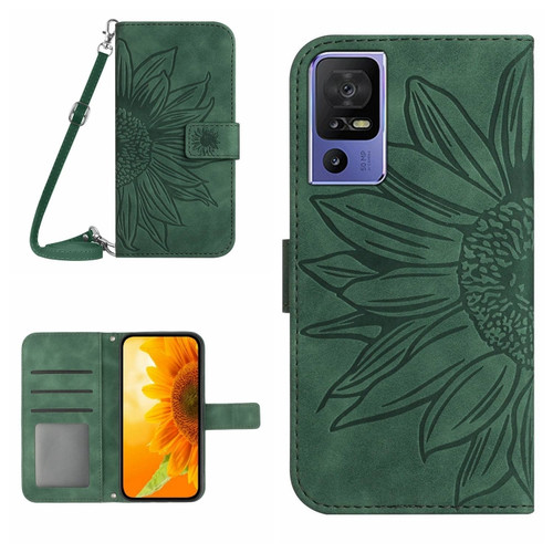 TCL 40 SE HT04 Skin Feel Sun Flower Embossed Flip Leather Phone Case with Lanyard - Green