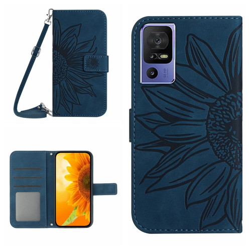 TCL 40 SE HT04 Skin Feel Sun Flower Embossed Flip Leather Phone Case with Lanyard - Inky Blue