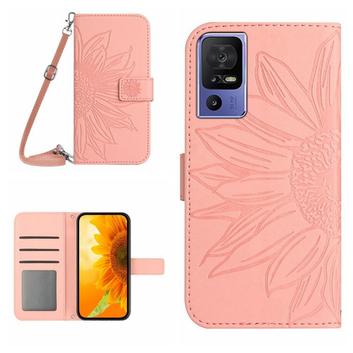 TCL 40 SE HT04 Skin Feel Sun Flower Embossed Flip Leather Phone Case with Lanyard - Pink