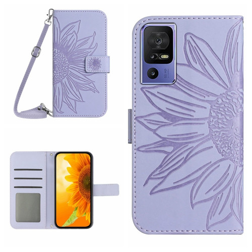 TCL 40 SE HT04 Skin Feel Sun Flower Embossed Flip Leather Phone Case with Lanyard - Purple