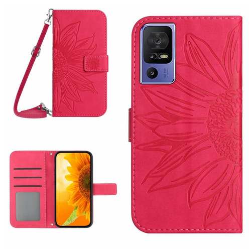 TCL 40 SE HT04 Skin Feel Sun Flower Embossed Flip Leather Phone Case with Lanyard - Rose Red