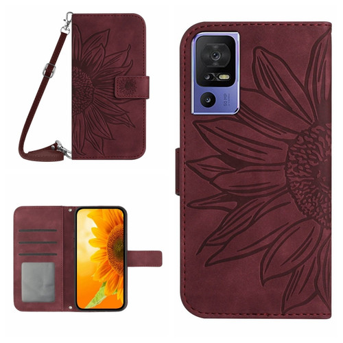 TCL 40 SE HT04 Skin Feel Sun Flower Embossed Flip Leather Phone Case with Lanyard - Wine Red
