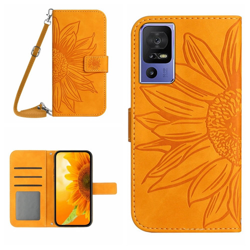 TCL 40 SE HT04 Skin Feel Sun Flower Embossed Flip Leather Phone Case with Lanyard - Yellow