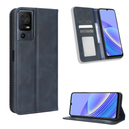 TCL 40 SE Magnetic Buckle Retro Texture Leather Phone Case - Blue