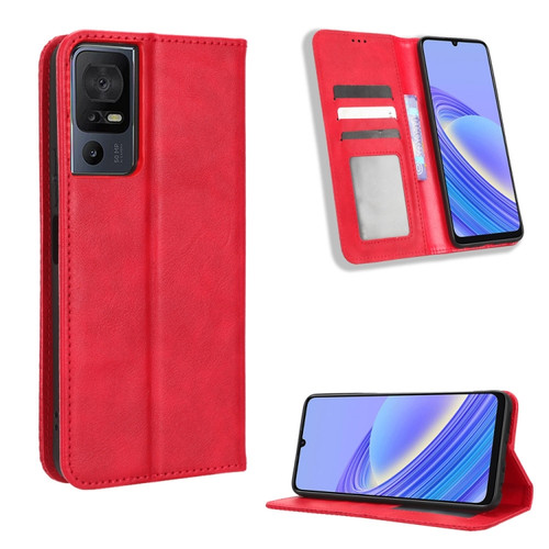 TCL 40 SE Magnetic Buckle Retro Texture Leather Phone Case - Red