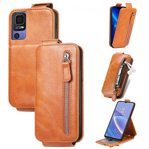 TCL 40 SE Zipper Wallet Vertical Flip Leather Phone Case - Brown