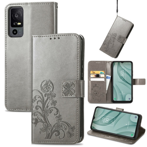 TCL 40 XE 5G Four-leaf Clasp Embossed Buckle Leather Phone Case - Gray