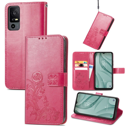 TCL 40 XE 5G Four-leaf Clasp Embossed Buckle Leather Phone Case - Magenta
