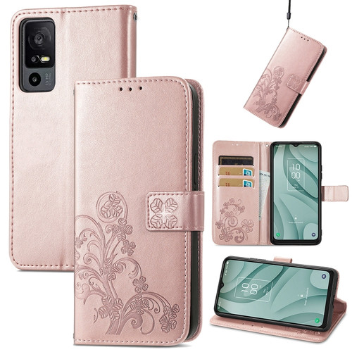 TCL 40 XE 5G Four-leaf Clasp Embossed Buckle Leather Phone Case - Rose Gold