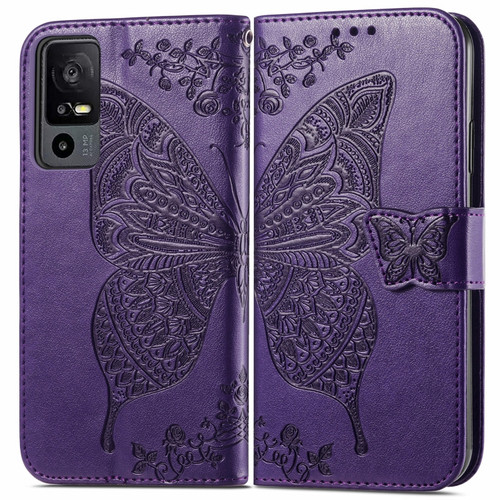 TCL 40 XE Butterfly Love Flower Embossed Leather Phone Case - Dark Purple