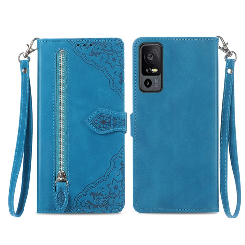 TCL 40 XE Embossed Flower Zipper Leather Phone Case - Blue