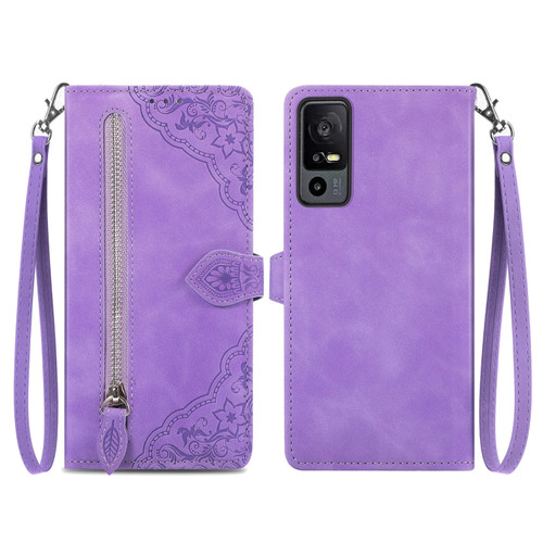 TCL 40 XE Embossed Flower Zipper Leather Phone Case - Purple