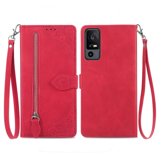 TCL 40 XE Embossed Flower Zipper Leather Phone Case - Red