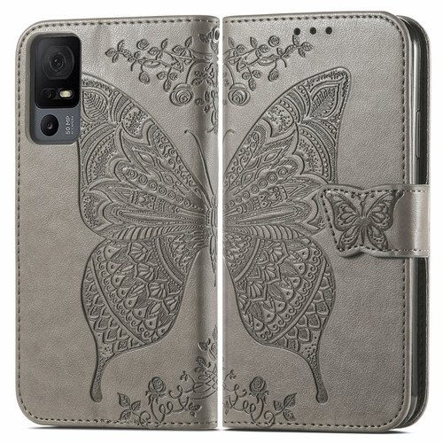 TCL 40 XL Butterfly Love Flower Embossed Leather Phone Case - Gray