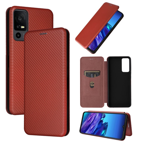 TCL 40 XL Carbon Fiber Texture Flip Leather Phone Case - Brown