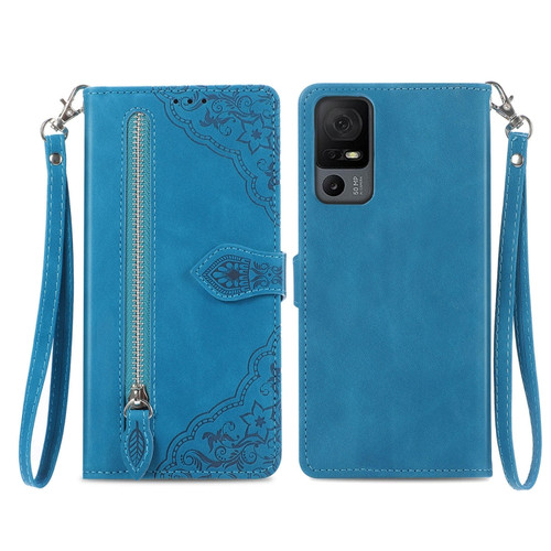 TCL 40 XL Embossed Flower Zipper Leather Phone Case - Blue