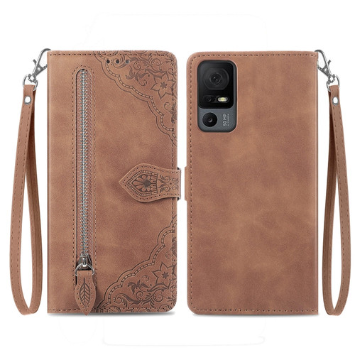 TCL 40 XL Embossed Flower Zipper Leather Phone Case - Brown