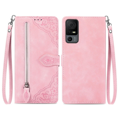 TCL 40 XL Embossed Flower Zipper Leather Phone Case - Pink