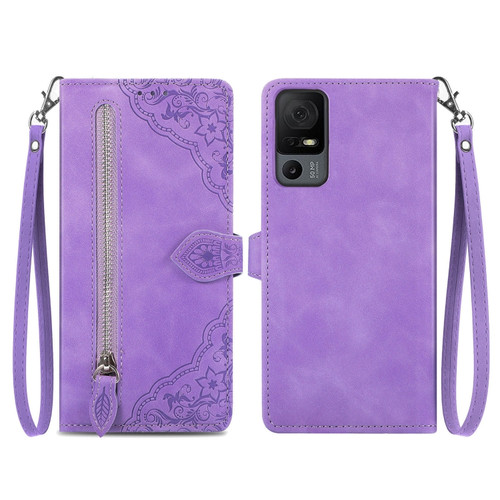 TCL 40 XL Embossed Flower Zipper Leather Phone Case - Purple