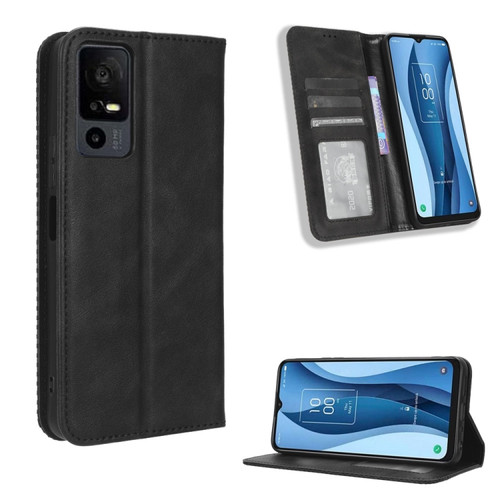TCL 40 XL Magnetic Buckle Retro Texture Leather Phone Case - Black