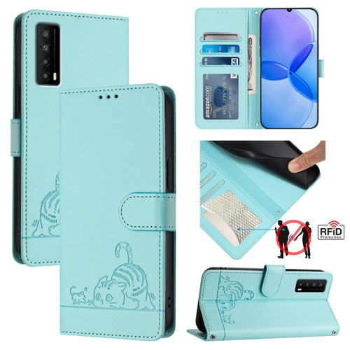 TCL Stylus 5G Cat Rat Embossed Pattern RFID Leather Phone Case with Lanyard - Mint Green