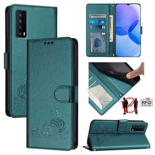 TCL Stylus 5G Cat Rat Embossed Pattern RFID Leather Phone Case with Lanyard - Peacock Green