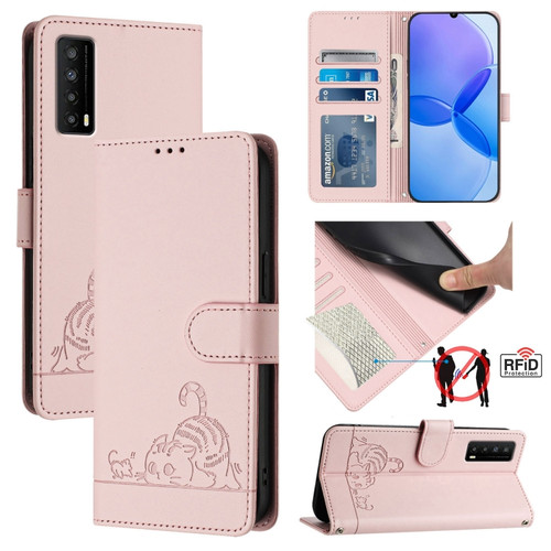 TCL Stylus 5G Cat Rat Embossed Pattern RFID Leather Phone Case with Lanyard - Pink