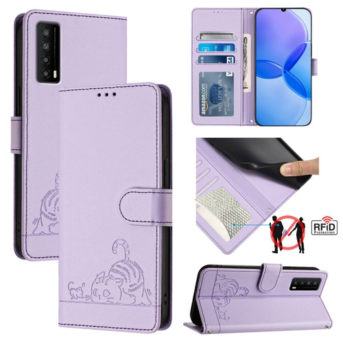 TCL Stylus 5G Cat Rat Embossed Pattern RFID Leather Phone Case with Lanyard - Purple
