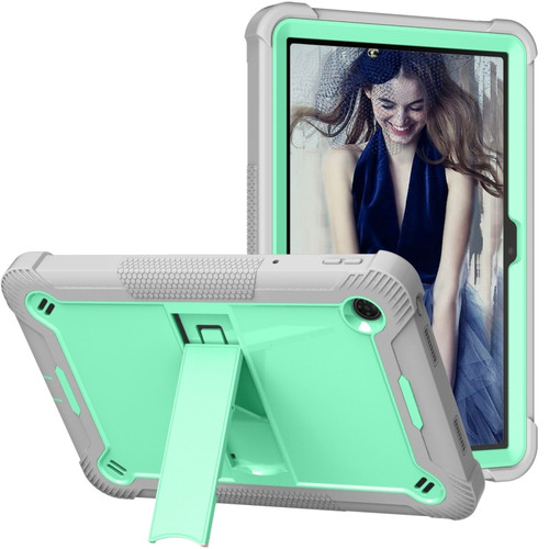 TCL Tab 10 5G Shockproof Silicone Hybrid PC Tablet Case with Holder - Mint Green + Grey