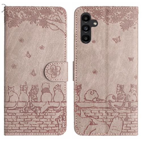 Samsung Galaxy A15 5G Cat Embossing Pattern Leather Phone Case with Lanyard - Grey