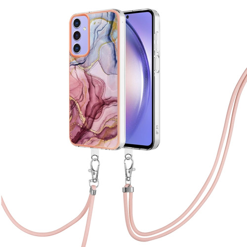 Samsung Galaxy A15 5G Electroplating Marble Dual-side IMD Phone Case with Lanyard - Rose Red 014