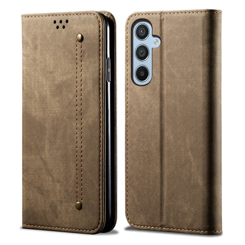 Samsung Galaxy A25 5G Denim Texture Casual Style Horizontal Flip Leather Case - Khaki